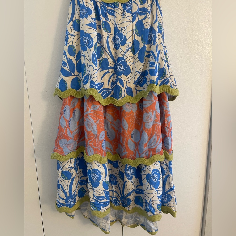 NWT Farm Rio Linen Blend Tiered Rickrack Midi Dress Large - Picture 5 of 10